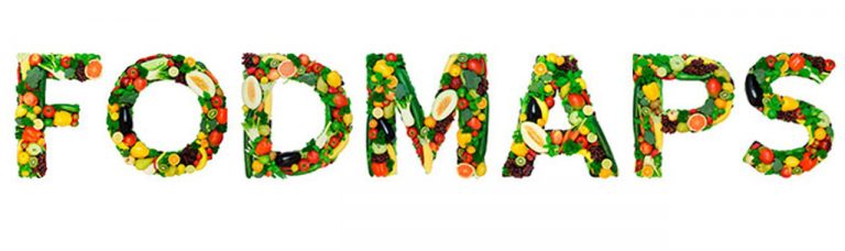 FODMAP foods illustration showing fruits, vegetables and grains forming the word FODMAPS