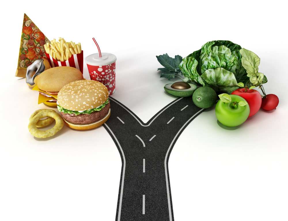 crossroads of healthy and unhealthy food