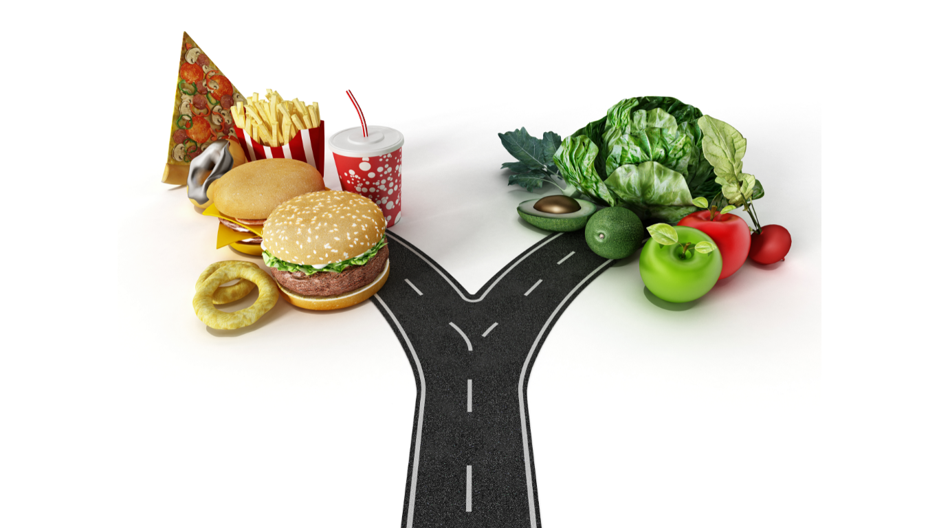 crossroads of healthy and unhealthy food