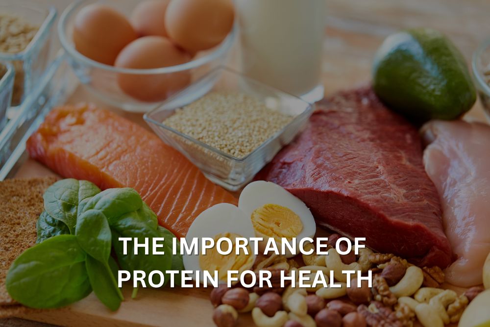 Diverse protein-rich foods arranged on a wooden surface, showing healthy protein choices recommended by UK 121Dietitian Gillian Killiner RD