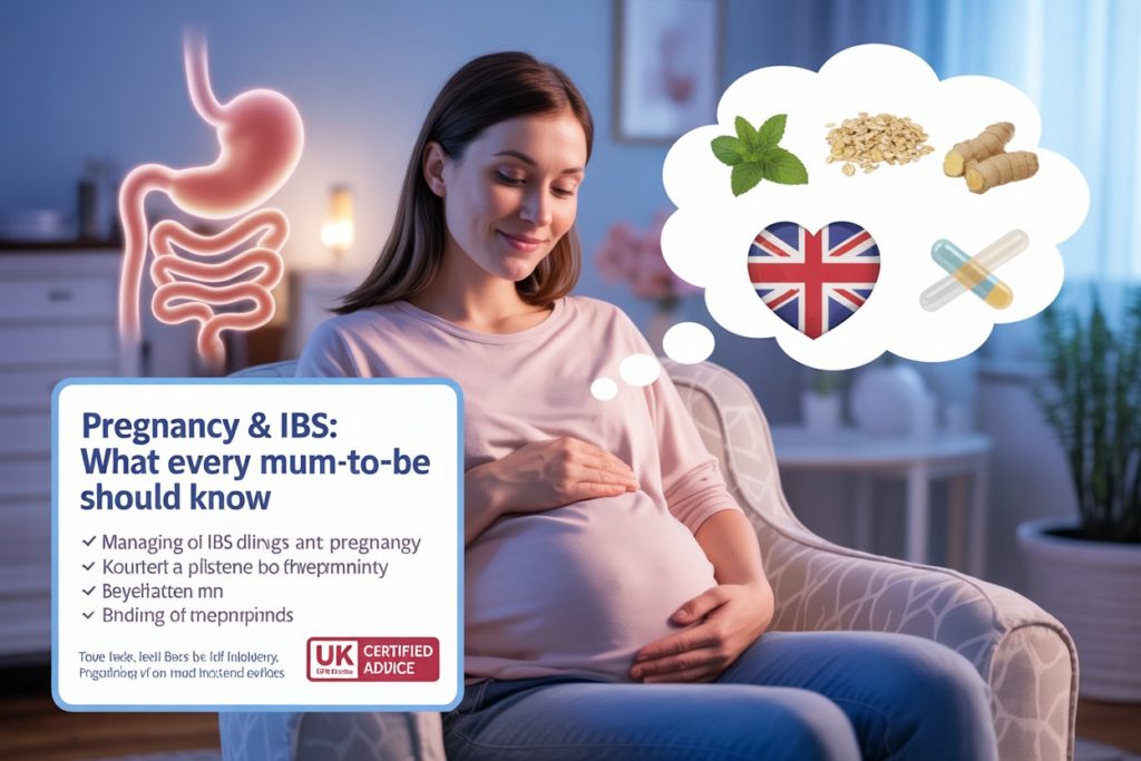 A warm, reassuring image featuring a pregnant woman in a comfortable setting (e.g., cozy home or serene park) with a hand gently resting on her belly. She looks calm and informed, symbolizing empowerment and knowledge. Visual Elements: Soft, pastel background (e.g., light blues, pinks, or neutrals) to evoke a soothing, maternal vibe. Icons/Illustrations subtly integrated: A digestive system outline (stomach/intestines) with a gentle glow. A "UK" emblem (e.g., Union Jack heart or tea cup) to localize the content. A thought bubble with foods (ginger, oats, peppermint) and a probiotic capsule. Text Overlay: Bold headline: "Pregnancy & IBS: What Every Mum-to-Be Should Know" Short bullet points (example): "IBS flare-ups can change during pregnancy" "Safe diet tweaks & hydration tips" "When to consult your GP or midwife" Trust indicators: NHS logo (if compliant with guidelines) or a "UK-Certified Advice" badge. Mood: Reassuring, educational, and uplifting—avoiding medical sterility. less