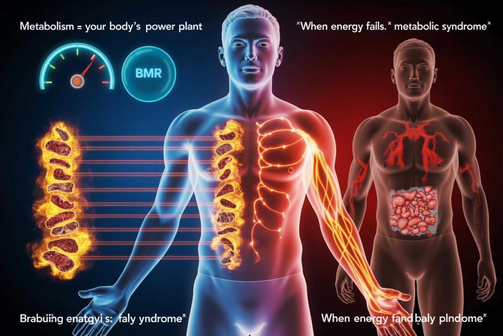 Here’s an **attractive and unique** image prompt based on your metabolism and metabolic syndrome explanation: --- ### **Image Prompt:** **Visual Concept:** A vibrant, futuristic infographic-style illustration showing the human body as an intricate "energy machine." **Foreground:** - A **semi-transparent human figure** with glowing pathways (veins/nerves) highlighting metabolic processes. - **Two dynamic sections** split vertically: - **Left (Catabolism):** Food (carbs, fats, proteins) breaking down into fiery energy particles. - **Right (Anabolism):** Energy reassembling into muscle tissue, cells, and brain activity. **Background:** - A **pulsing "BMR" gauge** (Basal Metabolic Rate) with variables like age, muscle mass, and hormones adjusting the energy output. - **Metabolic Syndrome Danger Zone:** A shadowy, red-tinted section showing clogged arteries, high blood pressure icons, and belly fat accumulation as a contrast. **Style:** - **Neon-meets-biology**—electric blues, fiery oranges, and organic greens. - **Text Callouts:** - *"Metabolism = Your Body’s Power Plant"* - *"When Energy Fails: Metabolic Syndrome"* (with warning symbols). **Mood:** High-energy, educational, and slightly sci-fi to emphasize the body’s complexity. --- ### **Why This Works:** 1. **Engaging Contrast:** Juxtaposes healthy metabolism (vibrant/flowing) with metabolic syndrome (disrupted/chaotic). 2. **Simplifies Science:** Visual metaphors (energy particles, gauges) make abstract concepts clear. 3. **Memorable:** The "body as a machine" theme sticks in viewers’ minds. Would you like adjustments for a specific audience (e.g., medical, social media)?
