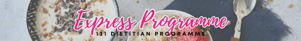 Bowl of cereal with berries and text reading “Express Program” for the 121 Dietitian Express Programme