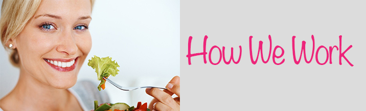 Smiling woman eating fresh salad representing how we work at 121 Dietitian to support healthy nutrition.